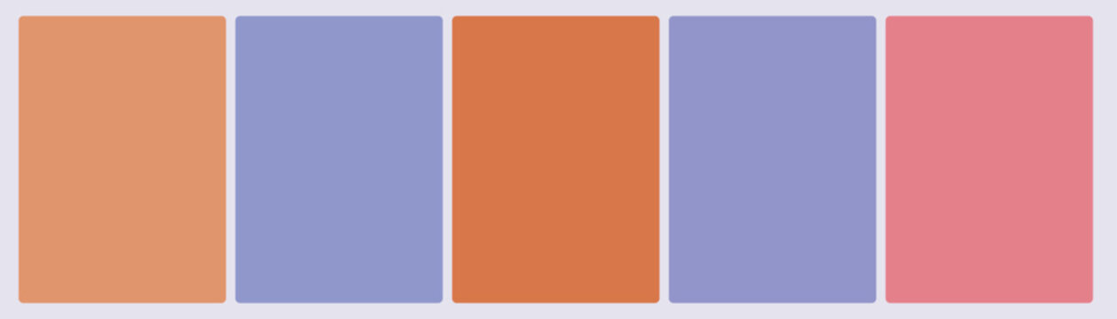 Set of five warm orange and cool lavender sunset complementary color swatch cards