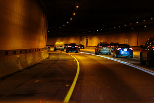 Wet roadway in the Interstate 90 tunnel in Seattle, WA USA