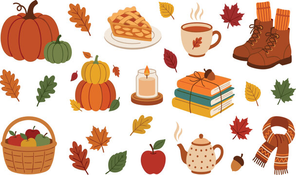 Cozy autumn collection with pumpkins, pie, books, scarf, and falling leaves