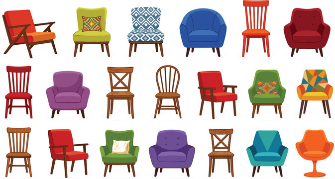 Large set of colorful modern and vintage chair and armchair vector illustrations featuring various styles patterns and wooden designs for interior home decor.