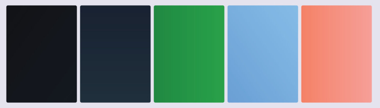 Set of five tech dark mode gradient cards in charcoal slate emerald green sky blue and coral code editor tones
