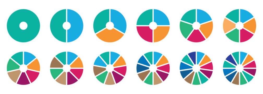 Set of colorful pie charts diagrams. Set of different color circles. Infographic element round shape. Vector illustration.