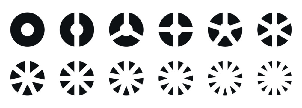 Pie charts diagrams. Pie chart icons. Segment slice sign. Circle section graph. 1,2,3,4,5,6,7,8 segment infographics.