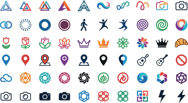 Large collection of minimalist modern logo symbols and icons featuring abstract shapes flowers cameras pins and geometric designs for corporate branding vector illustration.