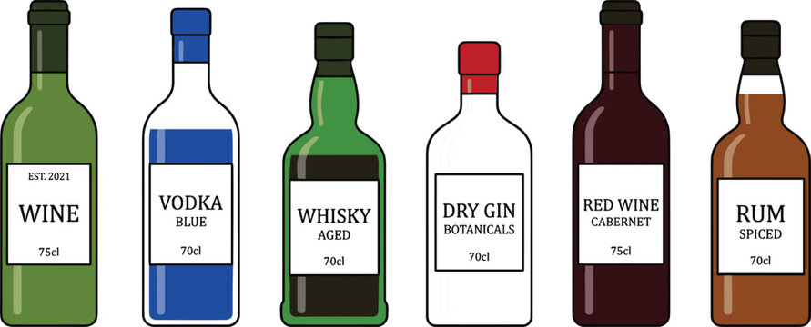 Set of various alcohol bottles including wine vodka whisky dry gin and spiced rum vector illustration for bar menu or liquor store.