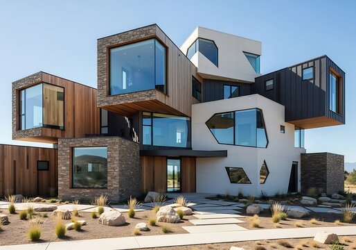 Modern multilevel house with unique geometric design and large windows