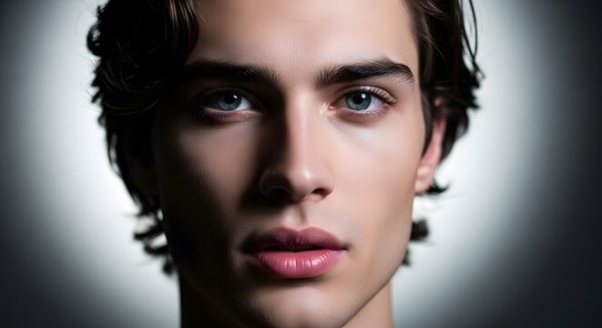 Dramatic studio headshot of a beautiful young man with piercing blue eyes and dark wavy hair, exuding thoughtful intensity and contemporary elegance