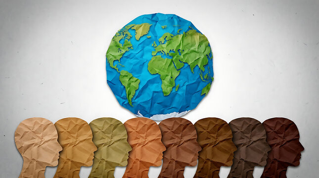 Diverse human heads in different skin tones facing a crumpled paper globe