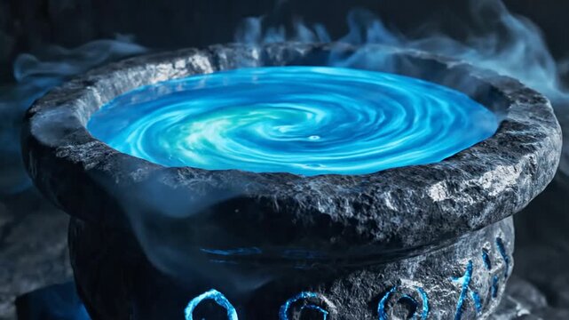 Ancient stone cauldron with glowing blue liquid and mystical runes