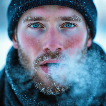 Intense outdoors portrait of a man face flushed red from the biting cold. Frost clings to his beard and eyebrows as he exhales a frozen, misty breath. The raw survival in a harsh winter environment
