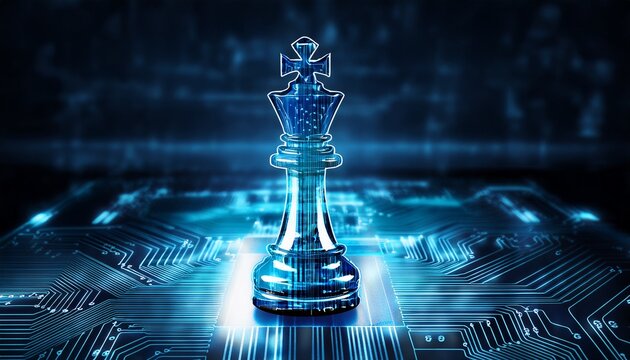 digital circuit board supports chess king piece symbolizing leadership intellect and power in tech future