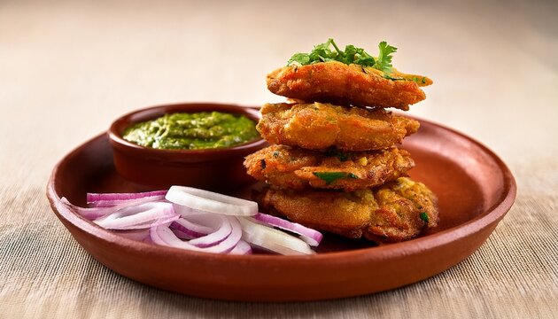 stack of crispy mirchi bajji served on a clay plate with green chutney and chopped onions