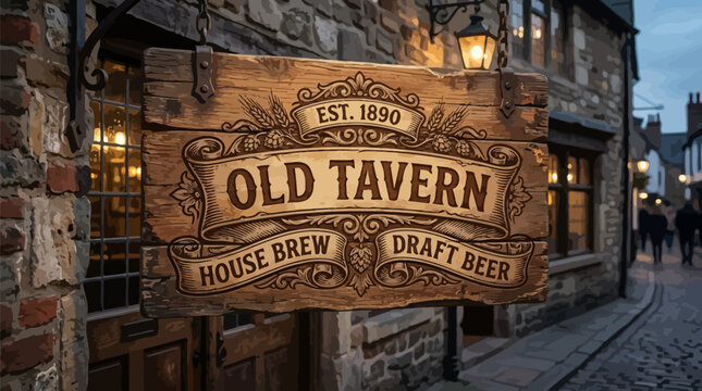 Vintage wooden sign on old tavern building exterior with house brew draft beer advertisement at dusk