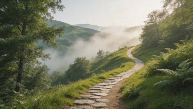 Stone path through misty forest hills
