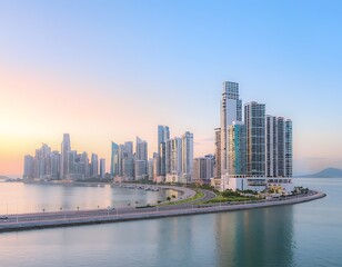 Obraz premium Panoramic View of Panama City Skyline at Sunrise Overlooking the Pacific Ocean.