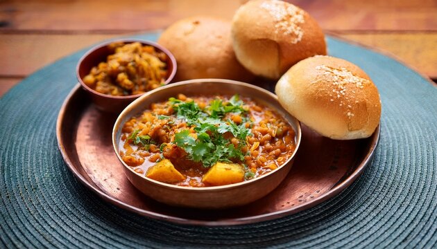 close up of misal pav with spicy lentil curry topped with crispy farsan fresh coriander onion slices and served alongside buttered pav buns on a rustic plate
