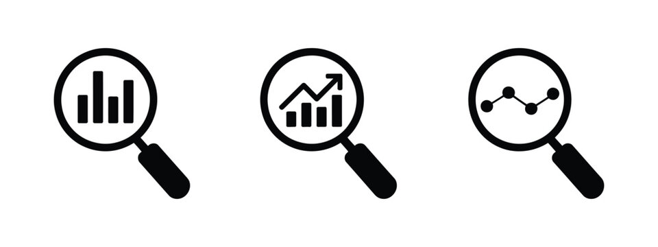 Vector art of three magnifying glass icons show graphs and charts representing data analysis market research and business intelligence activities. Vector illustration
