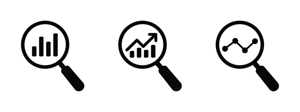 Magnifying glass icon set showing graphs and charts, vector illustration for data analysis, market research, and business intelligence concepts.