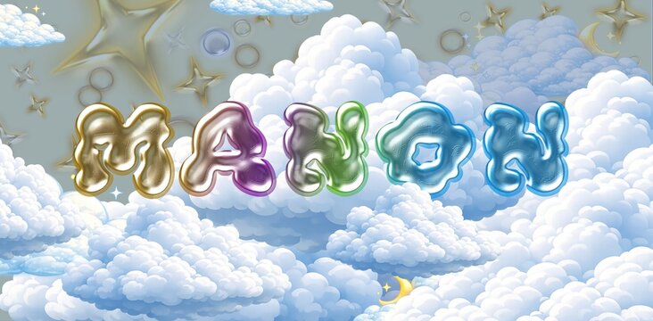 Manon name. Colorful 3D Cloud Fantasy Background with Glossy Balloon Letters. Dreamy Sky, Stars and Soft Clouds Illustration.