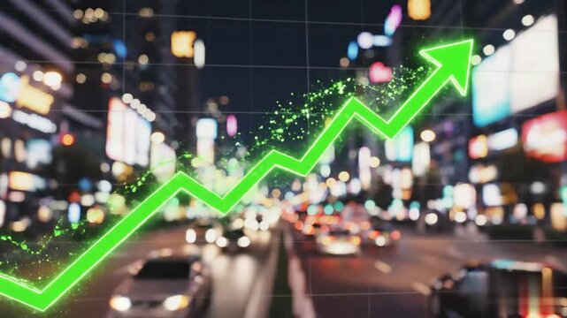 Financial market candlestick chart with a luminous ascending arrow superimposed on a bokeh metropolitan cityscape background, symbolizing investment prosperity, economic progress, and trading gain.