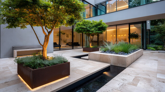 real photography of an exclusive contemporary urban courtyard garden behind a modernist Dutch villa, minimalist architectural design, large-format travertine paving in warm cream t