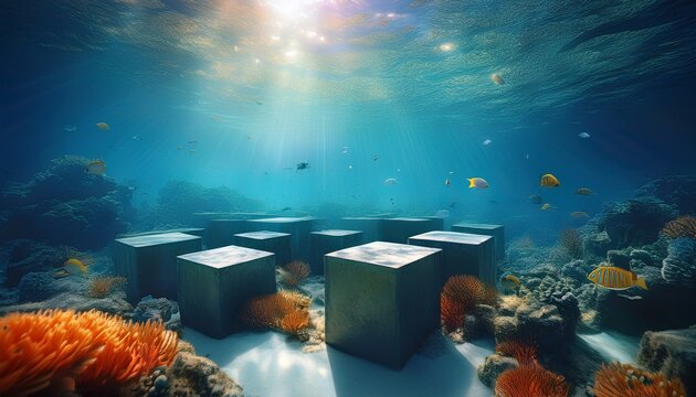 serene underwater scene of cube shaped concrete reef modules among coral with tropical fish and sunbeams