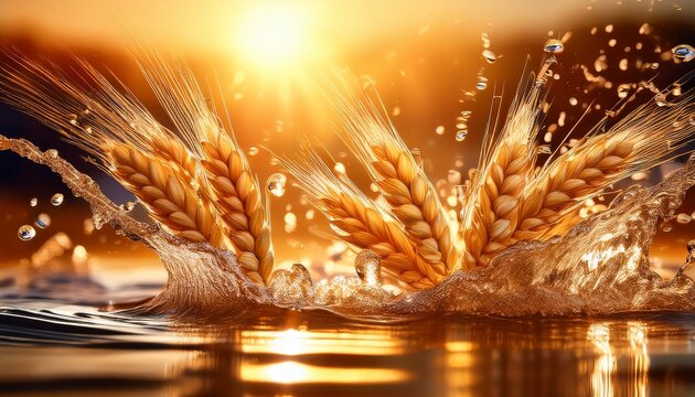 golden wheat grains splashing in water with high speed droplets captured in warm backlight creating dynamic agricultural food concept background