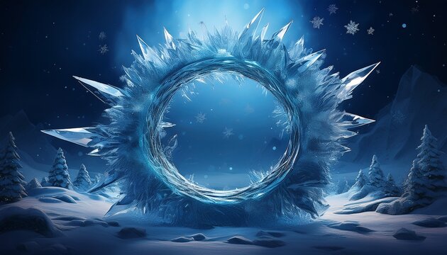 jagged shattered ice ring framing a dark blue snowy void with crystalline shards and floating snowflakes cold dramatic atmosphere
