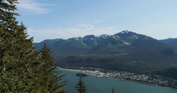 Snow-capped Mount Bradley on Douglas Island and Gastineau Channel, viewed from Mount Roberts, Juneau, Alaska.