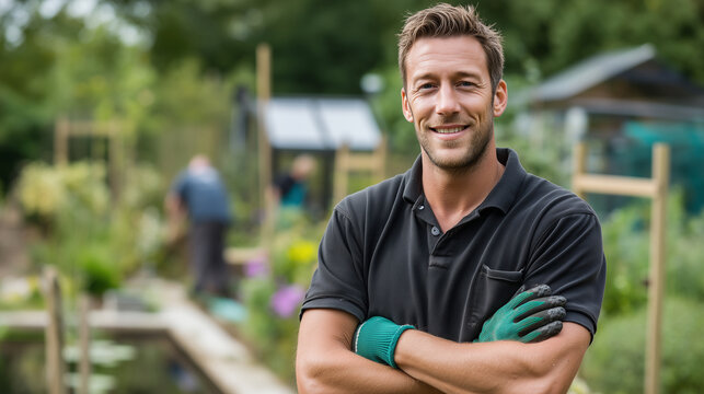 real photography of a 35 year old Dutch gardener in The Netherlands. He is wearing an black polo and green work gloves. He is smiling into the camera with his arms crossed. Other g