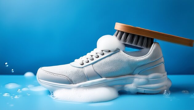 close up of white sneaker being cleaned with a soft brush in soapy foam on blue background perfect for footwear care ads hygiene visuals and shoe cleaning product promotions