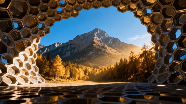 Honeycomb structure framing mountain landscape
