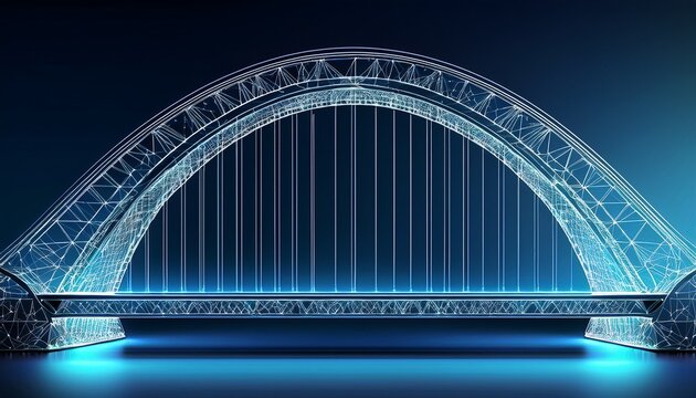 digital wireframe model of a large arched bridge with detailed structural elements and a dark blue gradient background conveying a futuristic and technical atmosphere