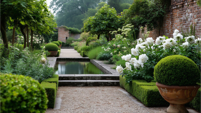 real photography of a high-end country estate garden in the Netherlands, formal layout with clipped boxwood hedges and yew topiary, gravel pathways leading to a central reflective