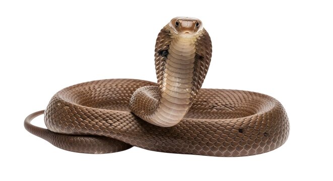 Brown cobra snake standing up with hood raised on white background
