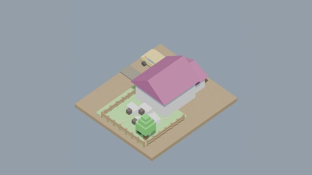 Low Poly House with Pink Roof Sheep and Car Camera rotate endless 4k