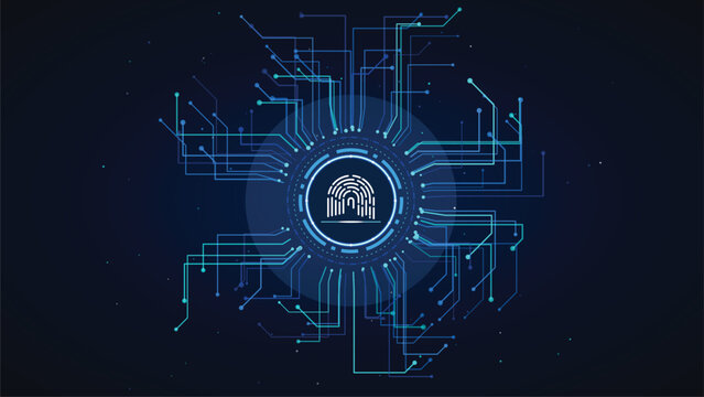 Digital fingerprint icon with circuit board lines on dark blue background, biometric security and cyber technology concept
