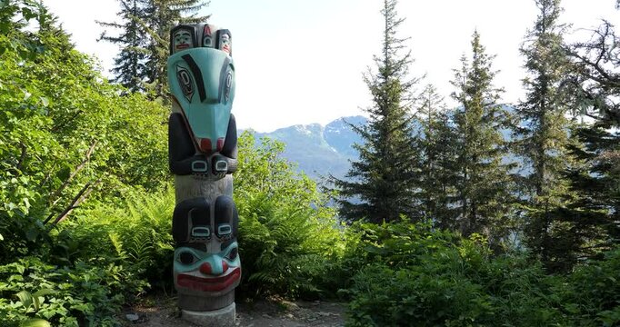 Northwest coast Tlingit Totem pole on the Mount Roberts trail. Goldbelt Tram Nature Center, Juneau, Alaska.