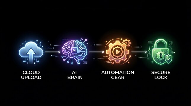 Digital workflow process infographic with neon icons of cloud upload ai brain intelligence automation gear and secure data lock on a deep black background concept