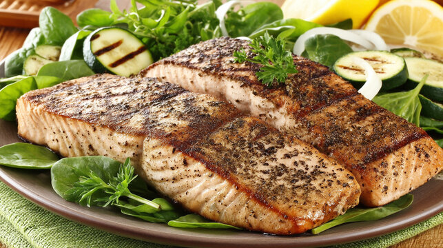 Two delicious cooked salmon fillets with fresh spinach and grilled zucchini