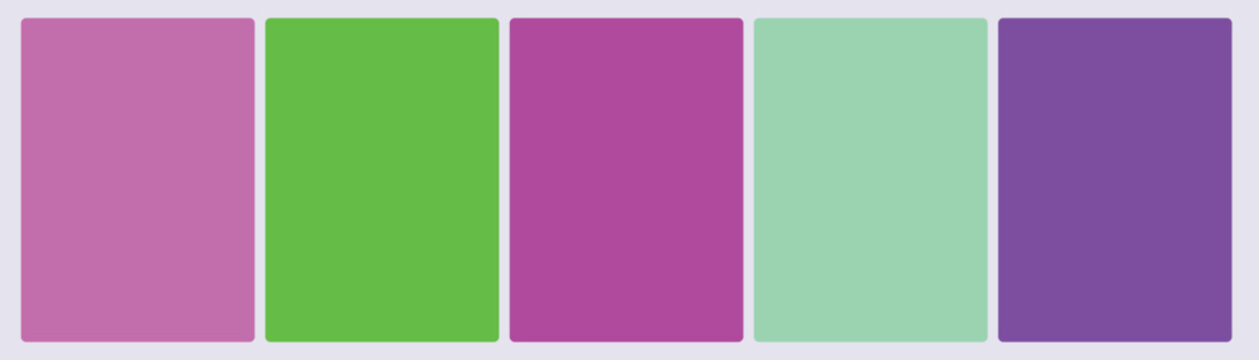 Set of five bold magenta and neon green electric complementary color swatch cards