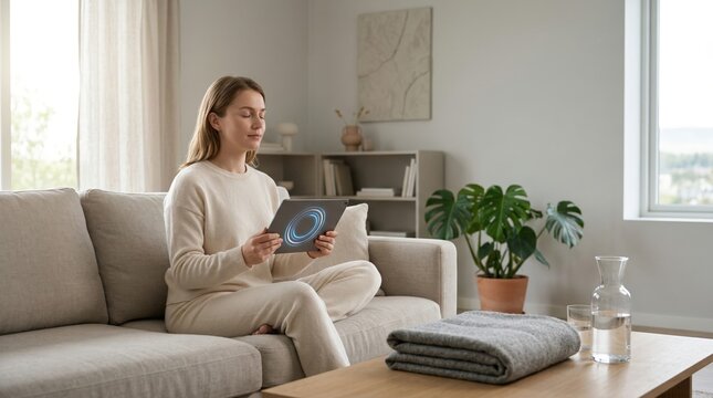 Person using generic tablet to follow calm guided breathing