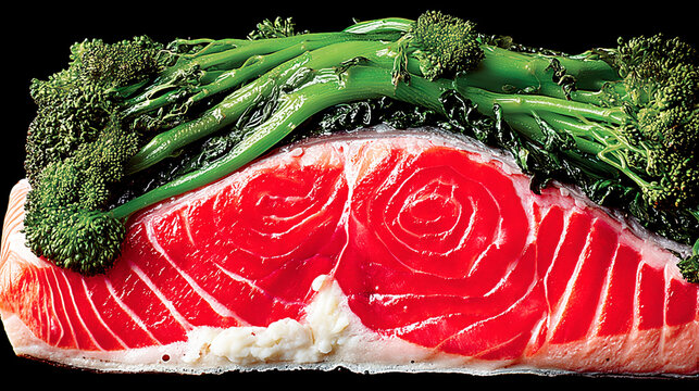 Raw salmon fillet with fresh broccolini on a dark background, healthy cooking