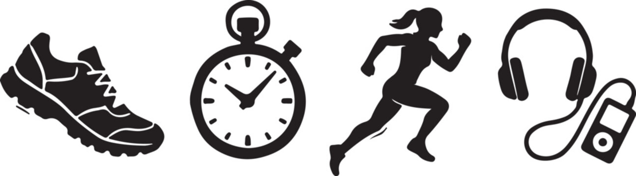 Black icons of running shoe, stopwatch, runner, and headphones with mp3 player
