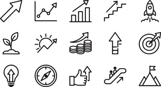 Black line icons of business growth and success