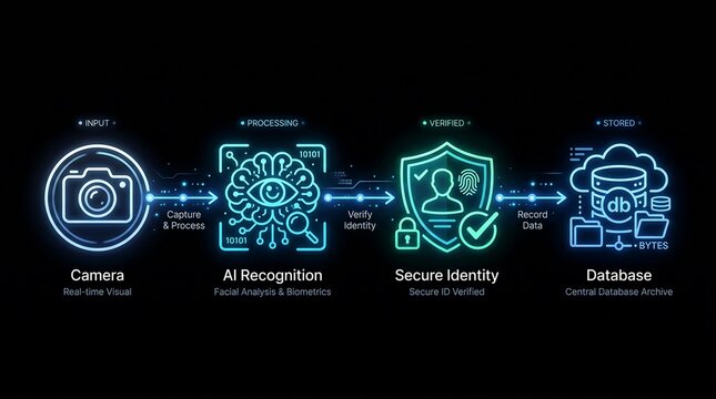 Digital identity verification process flow camera captures image ai recognition analyzes data secure identity verification confirms user stored in cloud database for future access
