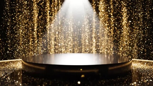 Black presentation stage illuminated by spotlight with golden sparkles