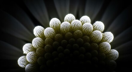 Fototapeta premium Magnified pollen grains on the dark center of a flower, showcasing intricate botanical detail and natural patterns