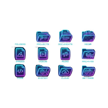 Glowing neon computer folder icons for digital file management systems