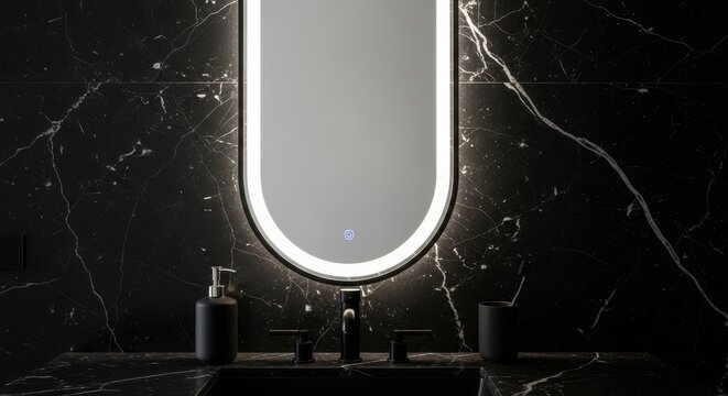 Illuminated Oval Vanity Mirror with Sleek Black Metal Frame Above a Modern Bathroom Sink
